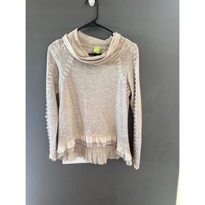 Adam Jacobs Womens Cowl Neck Ruffle Hem Sweater‎ Tan Whipstitch Graphic Back S
